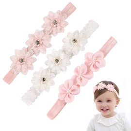 CIDBEST 3Pcs Baby Girl Headbands Flowers, Lace Flower Pearls Baby Headband, Baby Girl Headbands, Super Soft & Stretchy Nylon Floral Hairbands, Flower Hair Accessories Baby Girl Gift, for Newborn Toddler