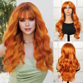 Creamily Long Wavy Orange Wigs with Bangs for Women Synthetic Hair Natural Curly Wavy Wigs with Wig Cap Party Cosplay Daily Use 24 Inches