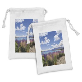 Lunarable Sky Fabric Pouch Set of 2, Floral Design Lupin Wildflowers on the Shore of Lake and Cloudy Sky Digital Print, Small Drawstring Bag for Toiletries Masks and Favors, 9" x 6", Sky Blue Purple