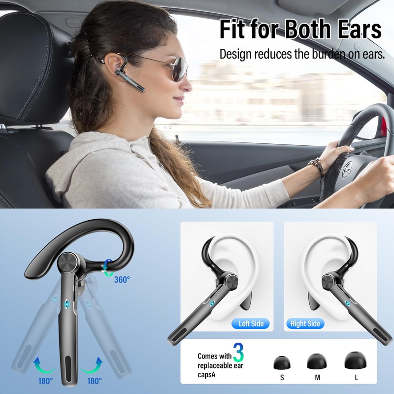 Bluetooth Headset, 2026 Wireless Bluetooth 5.3 Earpiece, 60 Hours Single-Ear