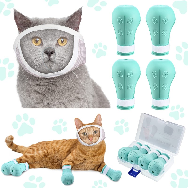 Hillban Cat Muzzle for Grooming with 4 Silicone Boots Breathable