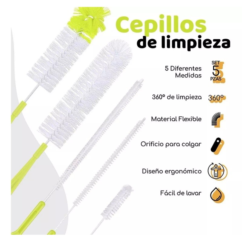 axie Set 5 Cepillo Limpieza Botellas Vasos Biberones Popotes