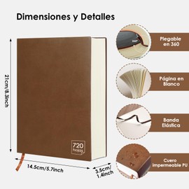 Cuaderno Hojas Blancas A5 Notebook, Ligutec 360 Hojas 72 GSM Libreta de Notas Flexible para Agenda Sketchbook Diario Journal Dibujo con Funda impermeable y Cinta de Cuero Suave Marrón (21 * 15 Cm)
