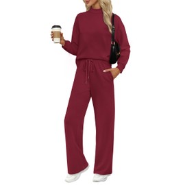 WIHOLL Two Piece Outfits for Women Fall Winter Matching Sets Women Clothing Lounge Sets Business Casual Outfits Travel Airport Workout Tops Fashion 2025 Mock Neck Wide Leg Pants 2 Piece Sets Wine M
