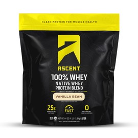 Ascent 100% Whey, Native Whey Protein Blend - Clean Post Workout Recovery, Digesting, Zero Artificial Flavors & Sweeteners, Gluten Free, 5.5g BCAA, 2.6g Leucine, Vanilla Bean 4 lb.