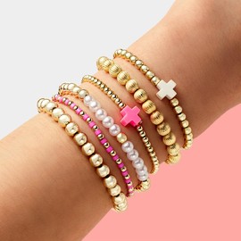 Gold Beaded Bracelet Set for Women Chunky Stretch Resin Cross Pearl Stackable Bracelet Jewelry (gold)