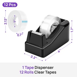 JEFURE Desktop Tape Dispenser, Lightweight Tape Holder with 12 Rolls Transparent Tape, Stable Non-Skid Base for Office, Home & School, 1-Inch Core (0.71 in x 1000 in Each)