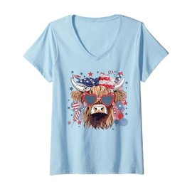 Womens 4th Of July Highland Cow Cute American Farm Boys Girls Kids V-Neck T-Shirt