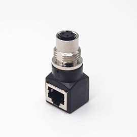 Elecbee - Adaptador de mamparo M12 a RJ45, impermeable, M12 D, código 4 pines hembra a conector RJ45, ángulo recto, color negro