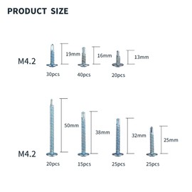 QOOSIKICC Pack of 175 Phillips Self Tapping Screws M4.2 Metal Self-Drilling Screws Carbon Steel Tek Tapping Screws Drilling Screws Set, Flat Head Phillips Screws