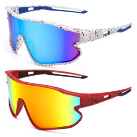 GLARDEFE Kids Baseball Sunglasses - Youth Baseball Sunglasses for Boys Girls - Sports Softball Shades Age 6-14(White/Blue Mirror + Red/Orange Mirror)