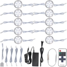 Meigour Hardwired Under Cabinet Lights Kit, Electric Wired Round LED Puck Light, Linkable and Wireless Remote Control Dimmable, 120 Volt Wall Plug in Closet Lighting Fixture, 10 Lights, Cool White