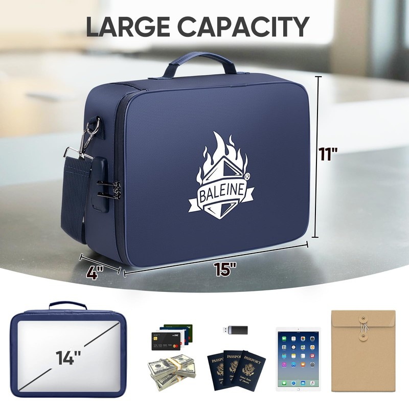 BALEINE Fireproof Document Box with Lock, Portable Fireproof Document Bag
