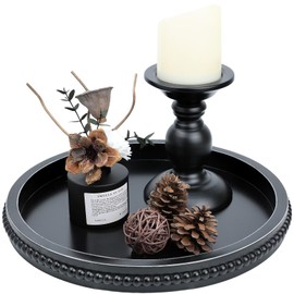 Hrastany Black Round Wood Decorative Ottoman Tray for Coffee Table Kitchen Counter, Living Room, Handcrafted Wooden Serving Tray for Table Centerpiece