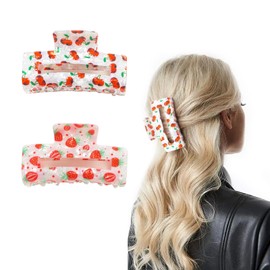 Cherry Strawberry Hair Claw Clips for Women Girls, 2 Pcs Cute Claw Clips for Thick and Thin Hair, Non-Slip Hair Clip, Large Square Hair Claw, Spring Summer Hair Accessories Gift Set