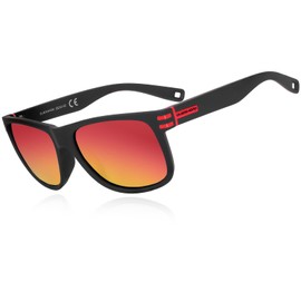 Queshark Men's Sunglasses Luxury Retro Vintage Ultralight UV400 Sunglasses Men Polarised for Driving Fishing Running Hiking Golf Riding, Black Frame & Red, Unit size
