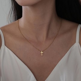 Bthotuyoshu Dainty Cross Necklace for Women,Dainty Gold Silver Cross Necklace Sideways Cross Necklace Gold Silver Tiny Small Gold Rhinestone Cross Necklace Pendant for Women Girls 14K Gold Plated