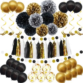 Party Decoration Set, 57 Pieces Black Gold Party Decoration, Balloons, DIY Party Paper Pompoms Flowers, Paper Garland for Party Birthday, New Year, Carnival Parties Main Decorations