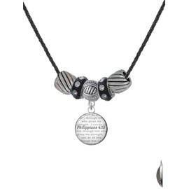 Delight Jewelry Silvertone Domed Philippians 4:13 Black Beaded Necklace, 18"+2"