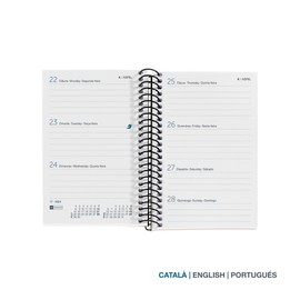 Miquelrius - 2024 Year Planner Week to View Caddy 80x120mm Hardback Spiral Bound Rubber Closure Catalan, English & Portuguese Flowers with Stamps Silver