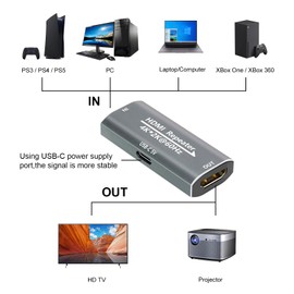 HDMI Repeater Extender 4K@60Hz for 80FT, HDMI Female to Female Amplifier Signal Booster Plug & Play, for Gaming/Home Theater/Video Meeting/TV with USB-C Power Supply Port(Grey)