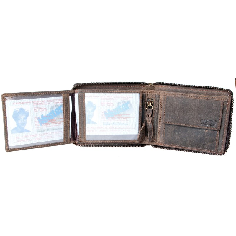 Men's Genuine Leather Metal Zip-Around RFID Genuine Leather Wallet with