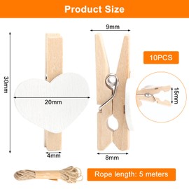 100 Heart Clothes Pegs, Heart Wooden Pegs, Small, 3.5 cm Mini Photo Clips with 5 Metre Jute String for Photo Craft Clips, Decorative Photos, Photo Wall, Pictures, Collages, Postcards, Gifts, (White)