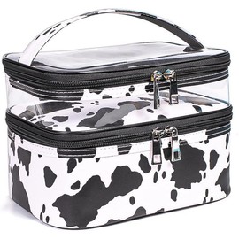 Double-layer Cosmetic Bag Makeup Bag Travel Makeup Bag Makeup Bags for Women Cosmetics Cases Portable Waterproof Foldable - Color: Cow Print