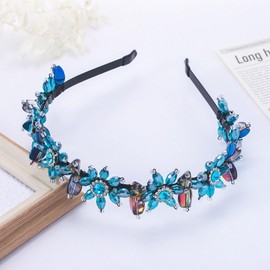 Formery Blue Rhinestone Flower Headband Black Crystal Bead Flowers Hairband Handmade Party Prom Fashion Beaded Floral Headpiece for Women and Girls