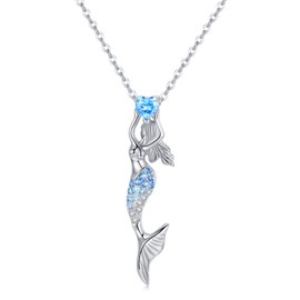 CUOKA MIRACLE Girls Mermaid Necklace 925 Sterling Silver Zircon Mermaid Pendant Jewellery Gifts for Women Children, Sterling Silver, Zircon