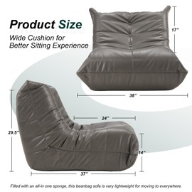 Hobestluk Bean Bag Chair Giant Bean Bag Sofa Memory Foam Bean Bag Chairs for Adults, Bean Bag Couches Faux Leather Bean Bag Chairs for Living Room Bedroom Dorm Office (Grey)