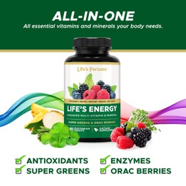 Life's Energy Advanced Daily Multivitamin for Men & Women, Energy and Immune Support Supplement with Super Greens, Antioxidants, Enzymes - Iron Free, Vegetarian, 60 Tablets by Life's Fortune