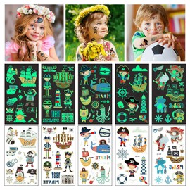 AOMIG Temporary Tattoo for Kids, 10 Sheets Glow In The Dark Cartoon Pirate Tattoo Stickers, Waterproof Luminous Fake Tattoo Stickers Set for Boys Girls Birthday Gift Party Bag Filler