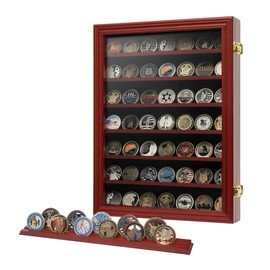 7 Rows Challenge Coin Holder Display Case with HD Tempered Glass Holds 100 coins, Wall-Mountable Military Shadow Box Cabinet with Removable 2-Groove Shelves for Medals and Casino Poker Chips, Mahogany