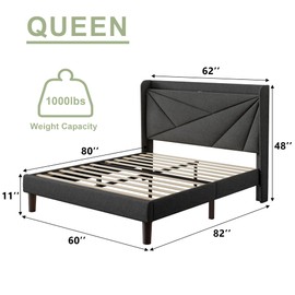 Feonase Queen Bed Frame with Charging Station, Linen Upholstered Platform Bedframe with Wingback Headboard, Solid Wood Slats Support, Noise Free, No Box Spring Needed, Charcoal Grey