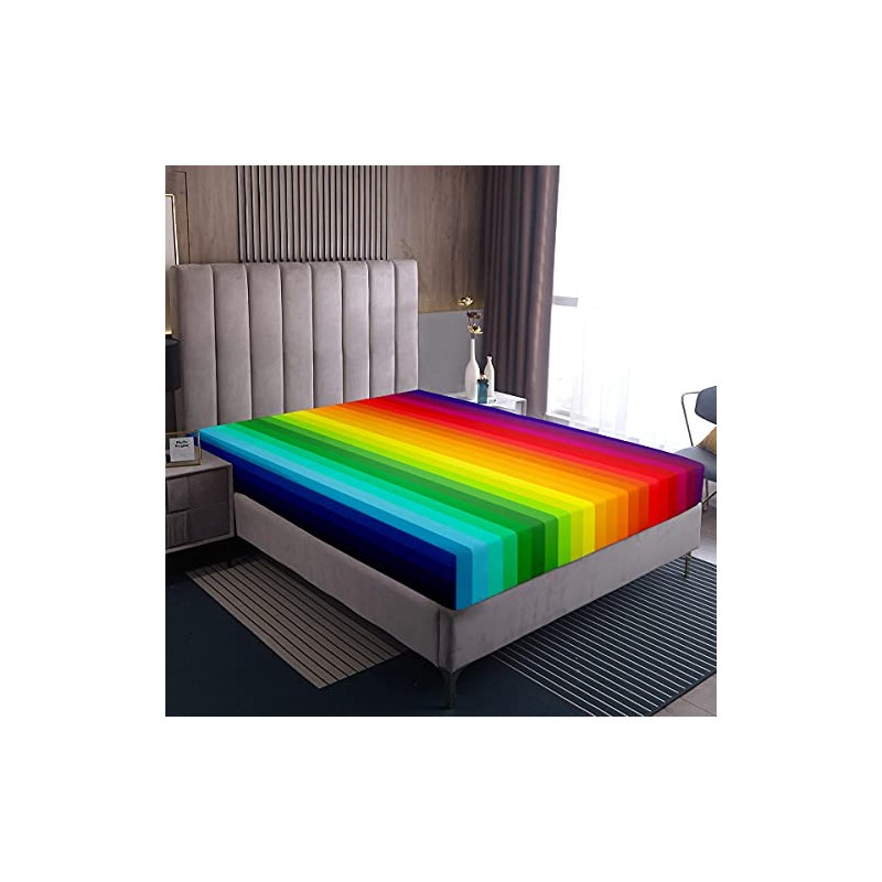 Rainbow Fitted Sheet 100% Microfiber Breathable Colorful Vertical Lines Palette