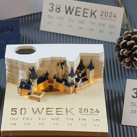 Notas Postales de Conveniencia 3D, 2024 Desk Calendar Memo Pad Time Piece Calendar, Calendario de Bloc de Notas Pequeño, 3D DIY Magic Castle Weekly Calendar Notepad with Ligh