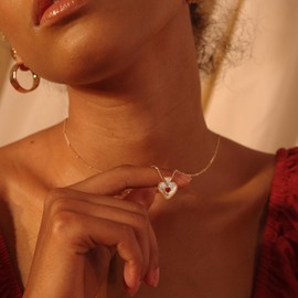 Fettero Gold Heart Neckalce for Women 14K Gold Plated Heart Pendant Choker Necklace Cubic Zirconia Heart Necklace | Gold Love Necklace for Women Dainty Gold Necklace Gifts for Her -Red Stone