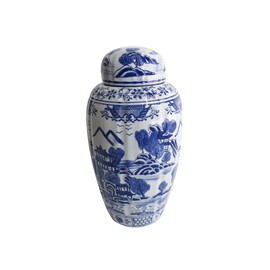 Galt International 16" Blue and White Urn Style Ceramic Porcelain Ginger Jar Classic Temple Landscape Design Home Decor