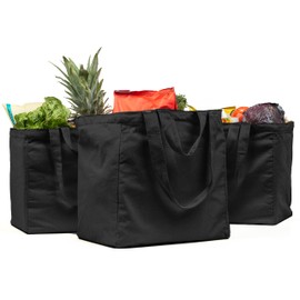 VeraMia Black Canvas Grocery Bag 3pc Jumbo Set with Real Pockets, Long Shoulder Strap and Short Handle. Reusable Shopping Bags for Groceries Heavy Duty, Foldable, Washable, Black Grocery Tote Bag