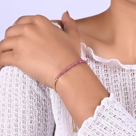 Gempires Birthstone Bracelet, Pink Tourmaline Beaded Bracelet, October Birthstone Jewelry, Bolo Beads Bracelet, Gift for Her, 14k Gold Plated Chain (6-9 inch Adjustable Length)