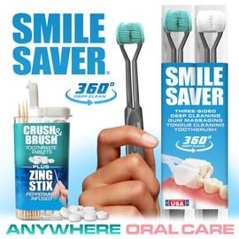 SMILE SAVER 360° 3-Sided Toothbrush 2PK + Toothpaste Tablets + Zing Stix Infused Toothpicks | Gum Massage & Tongue Cleaner | Teal & White Heads - Charcoal Handles - Peppermint