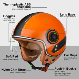 Comrider Open Face Motorcycle Helmets for Adults & Men, Retro & Vintage Helmets for Vespa & Moped, DOT Approved (Large, Orange)
