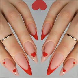 Red French tips Press on Nails Long Stiletto Fake Nails with Gold Line Design Heart Glue on Nails Matte Reusable Valentine’s Day False Nails for Women Girls Manicure 24pcs