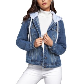 MISS MOLY Women's Detachable Hoodie Denim Jackets Button Down Causal Jean Jacket Coat Blue L