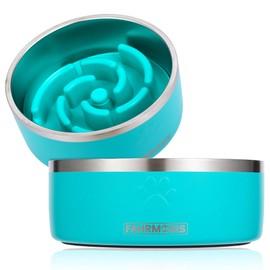 FAHRMOSIS 32 Oz Dog Bowl with Slow Feeder Insert Stainless Steel Pet Water Bowl for Medium & Large Breed Non Slip Rubber Base & Plastic Puzzle Feeder - Teal