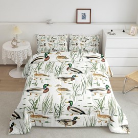 Feelyou Cute Mallard Duck Comforter Set Full Size Kids Wild Duck Hunting Duvet Insert for Boys Teens Hunting and Fishing 3D Wild Animal Bedding Set Green White Duvet Set Room Decor Quilt