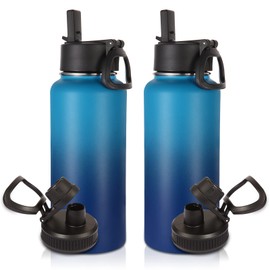 Volhoply 32 oz Water Bottles Bulk 2 Pack with Straw Lid & Spout Lid,Insulated Sports Water Bottle,Double Wall Vacuum Stainless Steel Thermos,Leak proof Wide Mouth Metal Flask for Travel(Green Blue,2)
