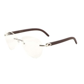 Dweebzilla Marshal Rimless Aviator Metal & Faux Wood Buffs Clear Lens Sunglasses - Rimless Eyeglasses Frames (Silver & Dark Brown Wood - Clear Lenses)