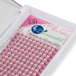 Dermastil 5D Premade Handmade Volume Eyelashes, D Curl, Thickness 0.07 mm, Ready Fan without Knots for Eyelash Extension, PBT, Vegan, 16 Strips Box (9 mm)